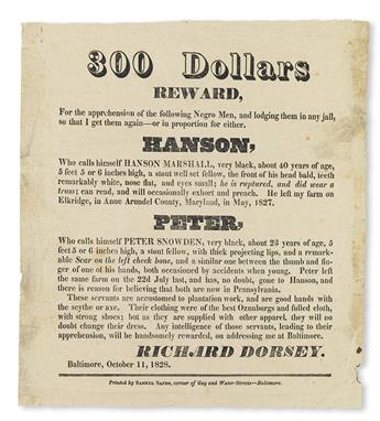 (SLAVERY AND ABOLITION.) MARYLAND. 300 Dollars Reward . . . for the apprehension of the following Negro Men, and lodging them in any ja